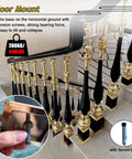 Hella Tough Aluminum Stair Balusters With Flexible Zero To Two Seventy Degree Pivot Bracket For Bulletproof Pet And Kid Safety Fencing Plus Super Simple Floor Mount Install For Indoor Steps And Lofts, showing black and gold balusters with a floor mount.