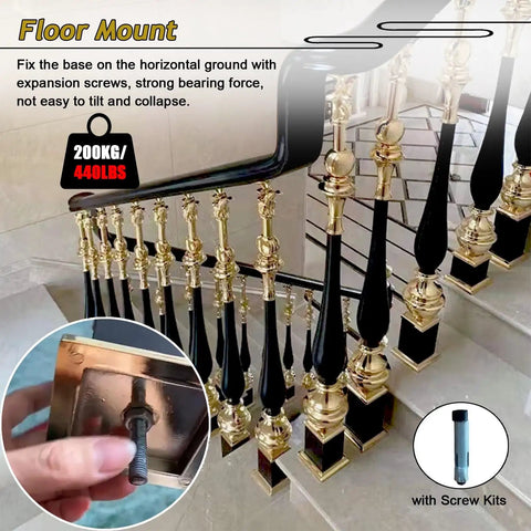 Hella Tough Aluminum Stair Balusters With Flexible Zero To Two Seventy Degree Pivot Bracket For Bulletproof Pet And Kid Safety Fencing Plus Super Simple Floor Mount Install For Indoor Steps And Lofts, showing black and gold balusters with a floor mount.