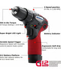 Heavy Duty Cordless Three Tool Combo Kit Featuring Power Drill Driver Snappy Impact Driver And Socket Ratchet With Two Swap Out Batteries For Weekend Warriors, close-up view of cordless power drill with ergonomic grip.