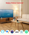 Living room setup with Mini Smart Remote Hub With IR Blaster For TV And Air Conditioner 2.4GHz Wi Fi Compatible, voice control icons.