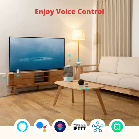 Living room setup with Mini Smart Remote Hub With IR Blaster For TV And Air Conditioner 2.4GHz Wi Fi Compatible, voice control icons.
