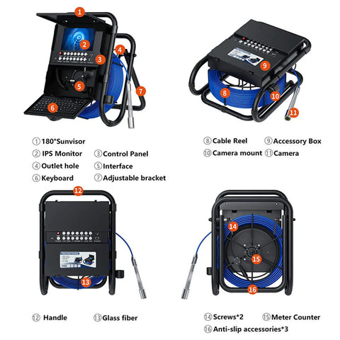 Real Deal Professional 7 Inch Drain Inspection Camera With Dvr Video And Keypad, key features including monitor, keypad, and glass fiber shaft.