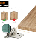 1/2 inch inset hinge showing compatibility with framed cabinets; close-up of hinge next to cabinet door edge and illustrations.