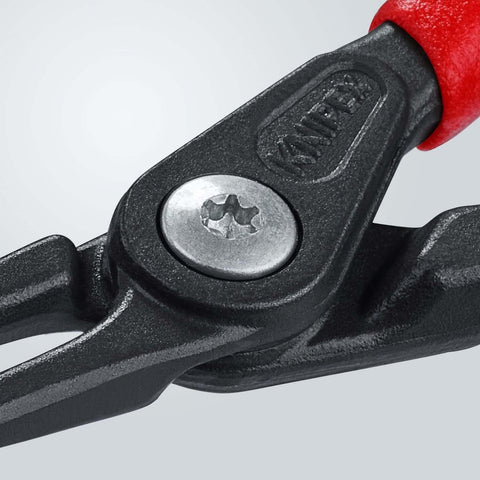Close-up of Knipex Precision Circlip Pliers Internal 90 Degree Angled Tips showing detail, heavy-duty joint, and red handle.
