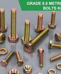 Grade 8.8 Metric Bolt And Nut Kit With M4 M5 M6 M8 Bolts Yellow Zinc Plated Lengths 12-30mm 907pc Heavy Duty Fastener Set