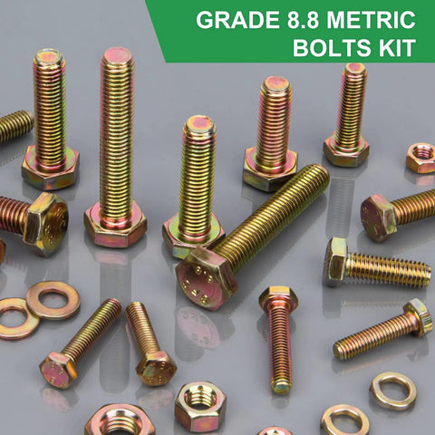 Grade 8.8 Metric Bolt And Nut Kit With M4 M5 M6 M8 Bolts Yellow Zinc Plated Lengths 12-30mm 907pc Heavy Duty Fastener Set