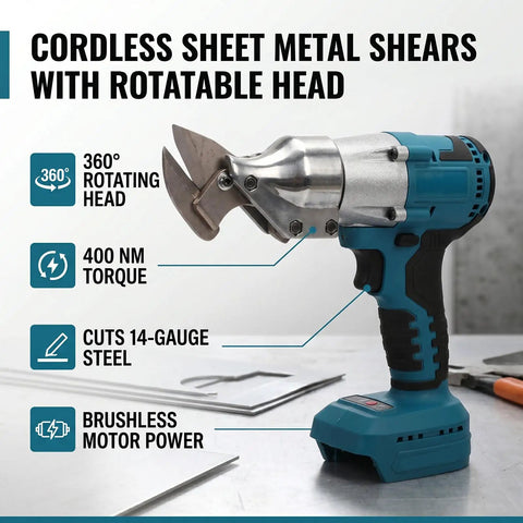 Heavy Duty Cordless Metal Shear With 400Nm Torque And 360 Degree Rotation showing rotatable head, ideal for cutting 14-gauge steel.