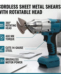 Fafeicy Brushless Cordless Metal Shear With 400Nm Torque And 360 Rotating Blade featuring a rotatable head for snipping 14-gauge steel.