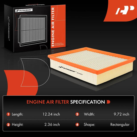 Engine Air Filter For Chevy GMC Cadillac Trucks And SUVs Fits Silverado Sierra Suburban Tahoe Yukon Escalade And More Delivers Clean Air, Peak Performance And Improved Fuel Efficiency For Daily Rides, featuring filter and packaging, 12.24 x 9.72 inches.