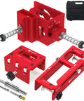 Professional Grade Door Lock Installation Kit And Latch Mortise Tool Paired With Rock Solid Hinge Jig, red aluminum construction.