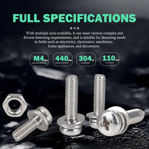 440Pcs M4 Stainless Steel Screws Nuts And Bolts Kit With Phillips Pan Head Bolts Nuts And Washers 304 Grade Durable