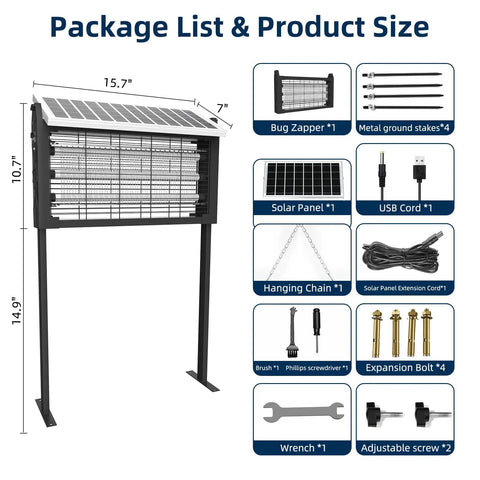 Package contents of Outdoor Solar Bug Zapper For 3000 Sq Ft Coverage with accessories and measurements