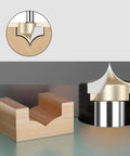 Close-up of Four Piece Roundover Router Bit Set With One Quarter Inch Shank For CNC Woodworking And Carving, showing two flute bit cutting wood.
