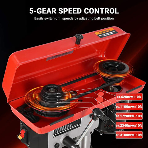 8 Inch Benchtop Drill Press With Laser Guide And Led Light 5 Speed Settings 620 To 3100 Rpm control panel showing speed settings.