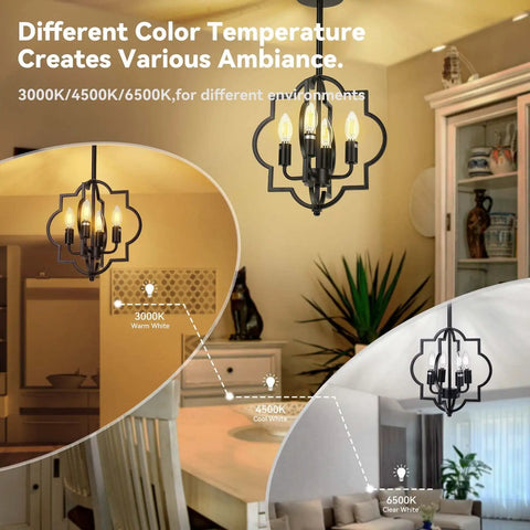 Farmhouse Black Chandelier With 4 Lights Dope Modern Island Pendant Ceiling Light Fixture in dining rooms with various color temperatures.