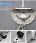 Heavy Duty Aluminum Miter Gauge With Quick Gliding Push Handle And Twenty Seven Degree Angle Stops close-up of ergonomic design and precision scale.