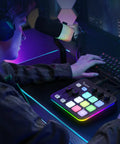 Person using G1 Neo Stream Ready Gaming Audio Mixer And USB Interface With Pro Preamp RGB Backlighting Bluetooth 48V Phantom Power