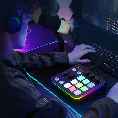 Person using G1 Neo Stream Ready Gaming Audio Mixer And USB Interface With Pro Preamp RGB Backlighting Bluetooth 48V Phantom Power