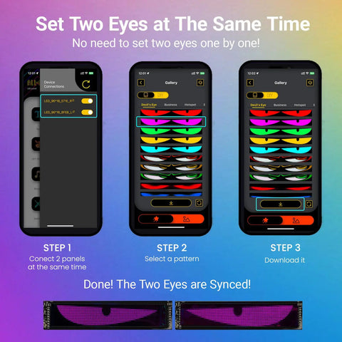 Devil Eyes LED Lights For Windshield 2 Pack 23.6In X 4.7In sync and pattern selection app interface on smartphones