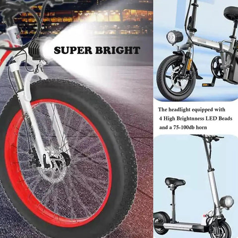 LED Bike Headlight With Horn For Electric Bikes And E Scooters 4 Bead Beam Waterproof 3 Pin Male Connector 36V 48V Compatible 15 Inch Wire Replacement Headlamp For Night Ride