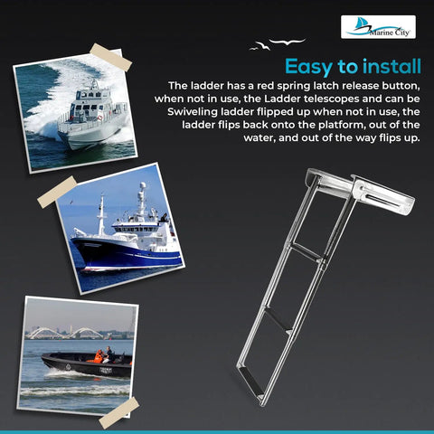 Heavy Duty 3 Step Telescoping Swim Platform Ladder Crafted From Marine Grade 304 Stainless Steel with red latch, suitable for boats