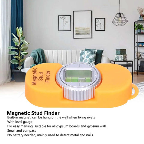 Aqur2020 Magnetic Stud Finder, Portable Wall Detector with Level Gauge (Orange) in a modern living room setting.
