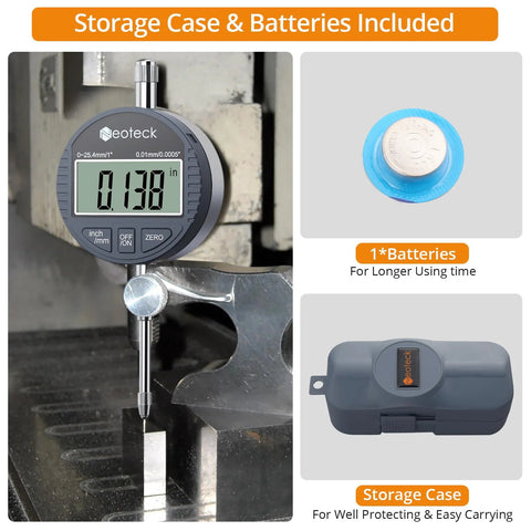 Neoteck digital dial indicator with 1 in/25.4 mm range and metal probe; display shows 0.130 in; includes case and one battery.