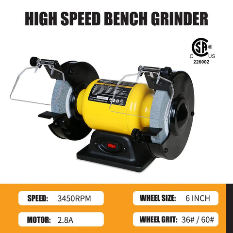 High Speed Bench Grinder With Half HP Two Point Eight Amp Motor 3450 RPM Six Inch Wheel CSA Listed Table Grinder
