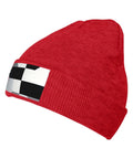 Red knit beanie featuring a black and white piano plate grid design, perfect for winter, unisex soft acrylic material.
