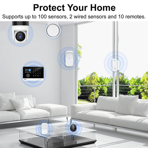 Heavy Duty All In One Wireless Home Security Alarm System 23 Piece Kit With Wifi Gsm Tracking Built Camera and Screen in modern living room