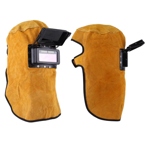 Cowhide Leather Welding Hood With Auto Darkening Lens Pancake Style Welding Helmet Mask For Arc Welding Heavy Duty Pro Grade Auto Darkening Shield