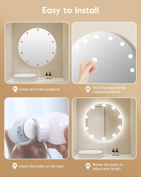 Installation steps for 14 Bulb Dimmable Hollywood Style Makeup Vanity Lights Kit With 22ft Adjustable Fixtures, mirror not included.