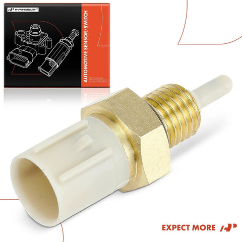 Close-up of A-Premium engine coolant temperature sensor, 2-pin, brass body with white plastic connector
