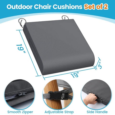 Patio Chair Cushions Set Of 2 19 By 19 By 3 Inch Waterproof Outdoor Seat Cushions With Adjustable Straps And Handles Fade Resistant Grey