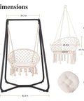 Beige Patio Swing Chair With Stand And Cushion Heavy Duty Hanging Chair For Backyard Or Bedroom 330 Lbs Capacity
