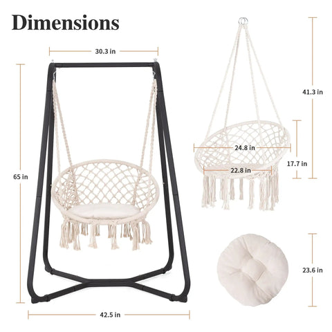 Beige Patio Swing Chair With Stand And Cushion Heavy Duty Hanging Chair For Backyard Or Bedroom 330 Lbs Capacity