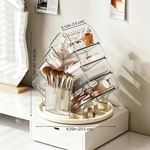 Sturdy Clear Swivel Makeup Organizer, 360 Slick Spin Lazy Susan Tray For Vanities, features clear plastic, 5.12in height with tiered storage.