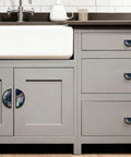 2 Pack Fluid Art Cabinet Pulls In Deep Blue White And Gold With Black Semicircle Drawer Handles, 3 Inch Center Hole, on gray cabinets