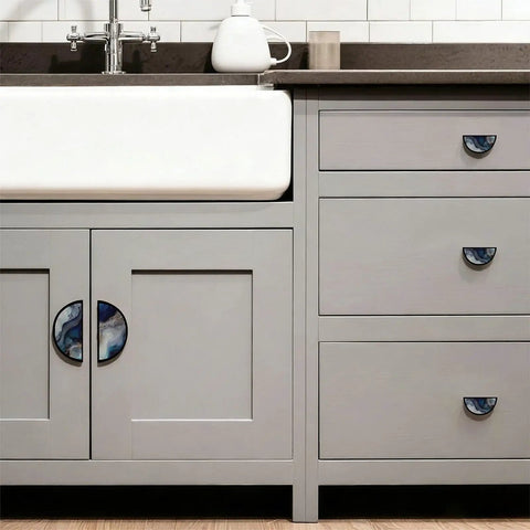 2 Pack Fluid Art Cabinet Pulls In Deep Blue White And Gold With Black Semicircle Drawer Handles, 3 Inch Center Hole, on gray cabinets