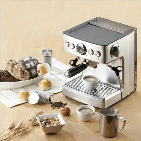 Premium Stainless Steel Automatic Espresso Coffee Maker With 19 Bar High Pressure Gauge And Slick Removable Water Tank For Hustle Free Home Brewing And Killer Frothy Drinks All Day Long In Classic Silver Finish with coffee and pastries.