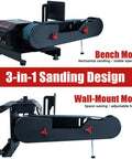 Beefy Variable Speed Belt Sander For Metalworking, 2x42 Inch, 3.5A DC Motor, shown in bench and wall-mount modes.