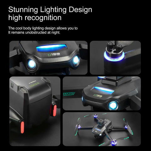 Collage of GPS Drone With 8K Dual HD Cameras And EIS showcasing lighting design, quadcopter view, and LED indicators at night.