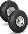 Two ten inch pneumatic tire and wheel set for hand trucks trolleys dollies and garden carts with steel rims and sealed bearings.