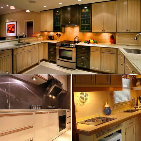 Kitchen cabinets illuminated by 35W Halogen G8 Bi Pin Under Cabinet Puck Lights 2700K Warm White 360 Degree Beam for bright task lighting