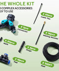 Plug And Play 360 Degree Adjustable Drip Irrigation System Kit with fittings, nozzles, 100 ft hose, and accessories overview