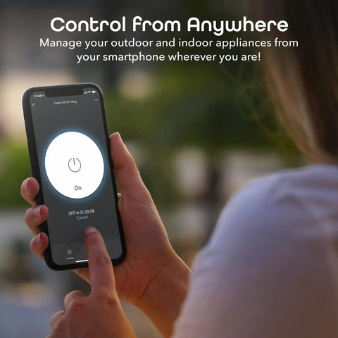 Person using smartphone app to control Weatherproof Indoor Outdoor Smart Plug With One Socket Handy Remote Control and Timer