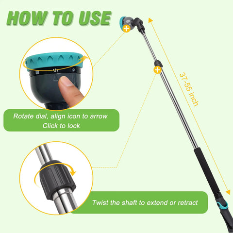 Extendable Watering Wand 37 To 55 Inch With 9 Pattern Heavy Duty Metal Nozzle Pivot Head And Thumb Flow Control diagram