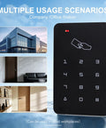 Heavy Duty Standalone Rfid Access Control Keypad For Secure Doors Featuring Card Pin Entry Mode Supports Up To One Thousand Users No Computer Hassle, shown against various indoor settings.