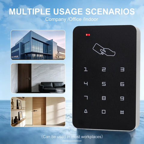 Heavy Duty Standalone Rfid Access Control Keypad For Secure Doors Featuring Card Pin Entry Mode Supports Up To One Thousand Users No Computer Hassle, shown against various indoor settings.