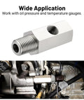 EVIL ENERGY stainless steel 1/4 NPT oil pressure sensor tee adapter with 1/4 NPT male and 1/8 NPT female port, installed on engine